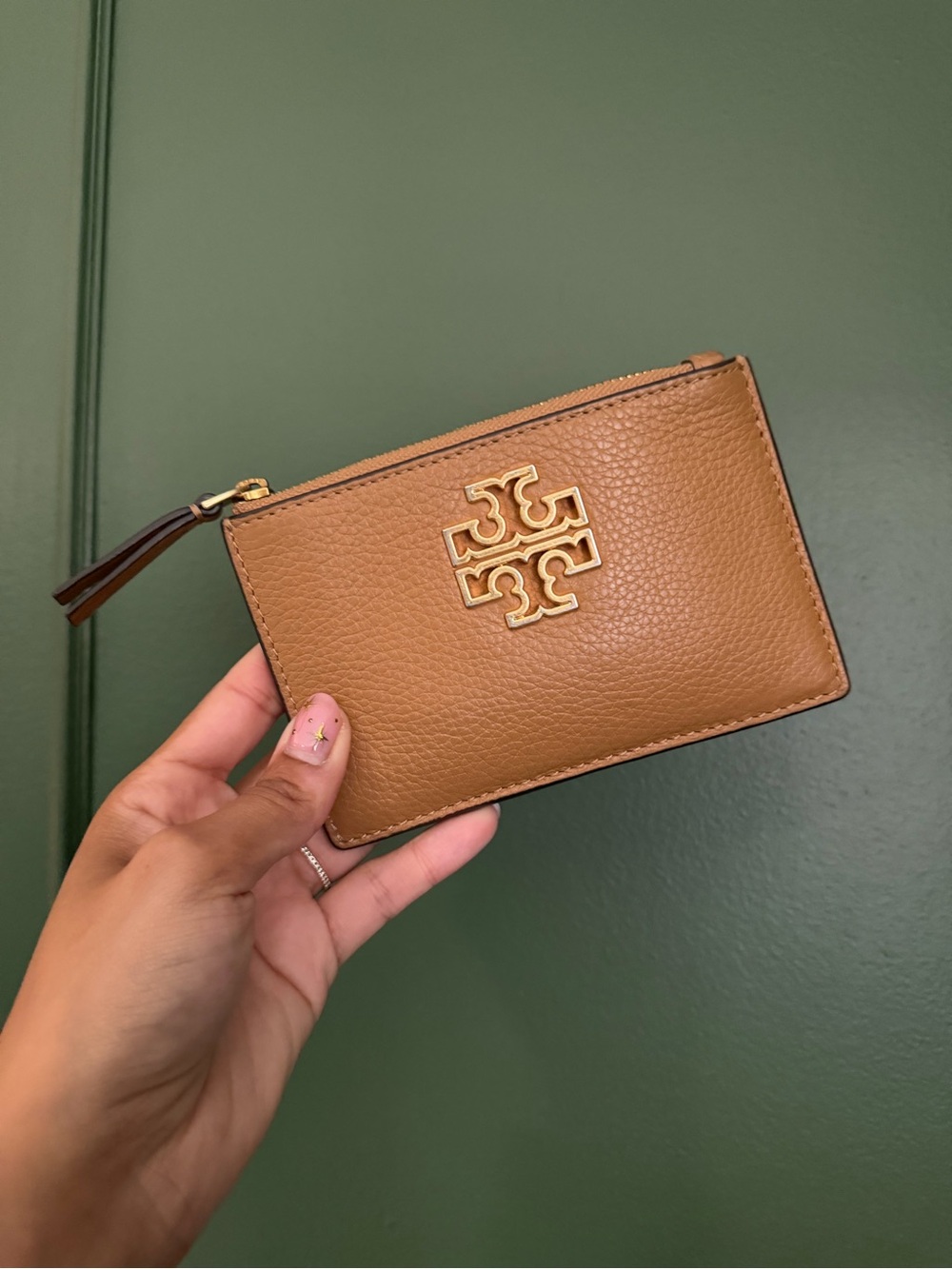 Tory Burch Brown Pebbled Leather Zip Card Wallet